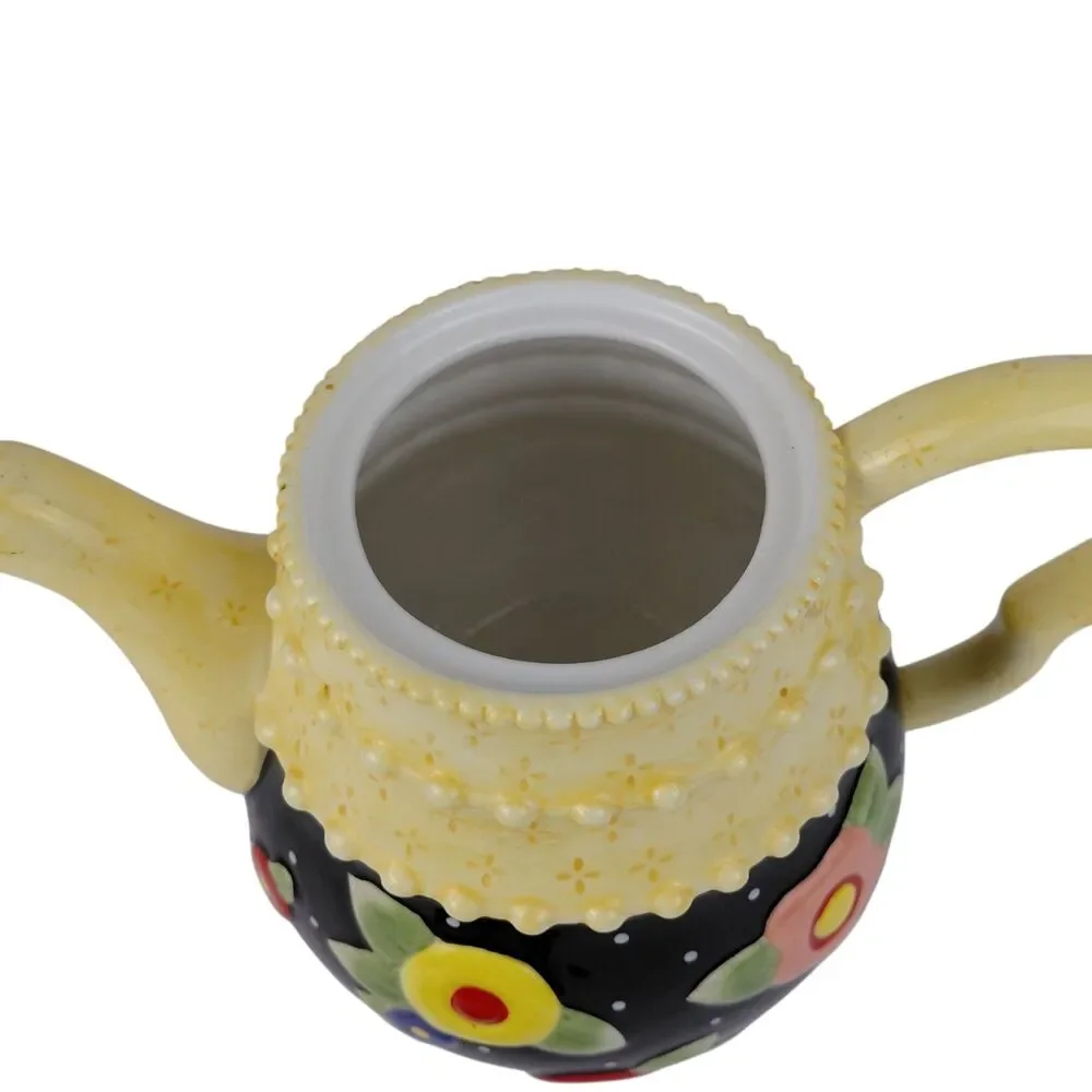 Mary Engelbreit Yellow Black Teapot Red Blue Flowers  Vintage EUC